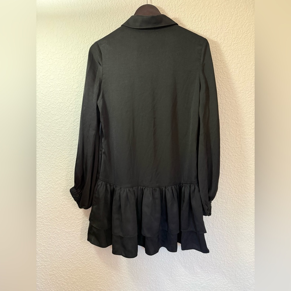Uli Herzner Black Shirt Dress | Ruffle Hem| Silk Blend | Elegant Mini Dress - Picture 7 of 13